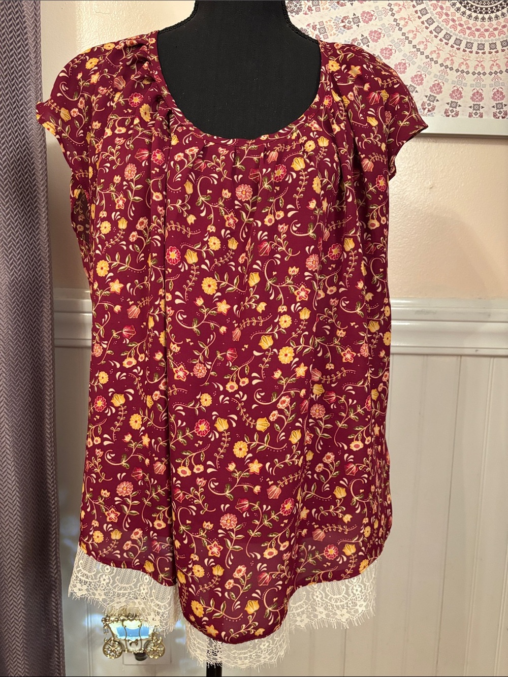 Lauren Conrad Lace-Hem Floral Short Sleeve Blouse